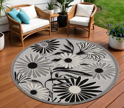 8' Black and White Round Floral Indoor Outdoor Area Rug