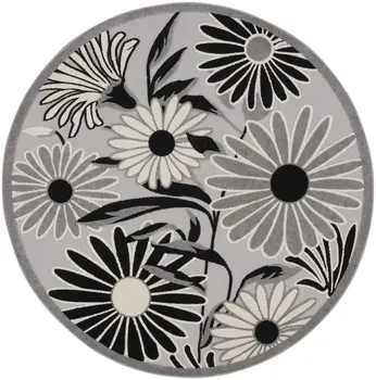 8' Black and White Round Floral Indoor Outdoor Area Rug