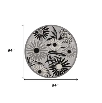 8' Black and White Round Floral Indoor Outdoor Area Rug