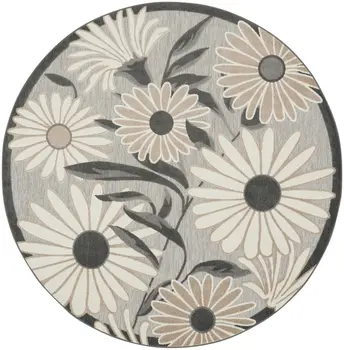 8' Beige Round Floral Indoor Outdoor Area Rug