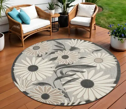 8' Beige Round Floral Indoor Outdoor Area Rug