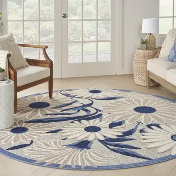 8' Blue and Gray Round Floral Indoor Outdoor Area Rug