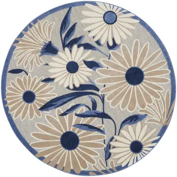 8' Blue and Gray Round Floral Indoor Outdoor Area Rug