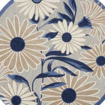 8' Blue and Gray Round Floral Indoor Outdoor Area Rug