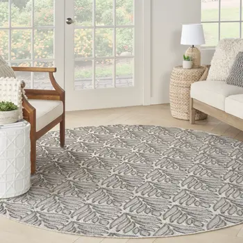 8' Charcoal Round Floral Indoor Outdoor Area Rug