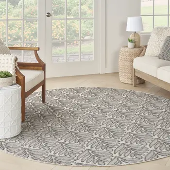 8' Charcoal Round Floral Indoor Outdoor Area Rug