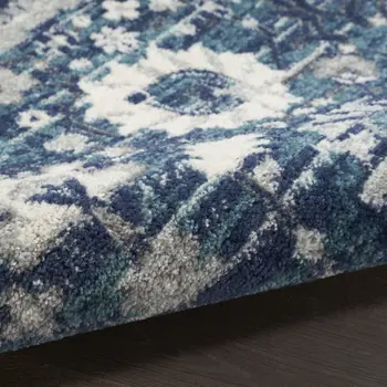 10' Blue And Ivory Floral Distressed Runner Rug