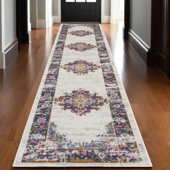 10' Blue And Ivory Oriental Distressed Runner Rug