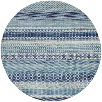 8' Navy Blue Round Floral Power Loom Area Rug