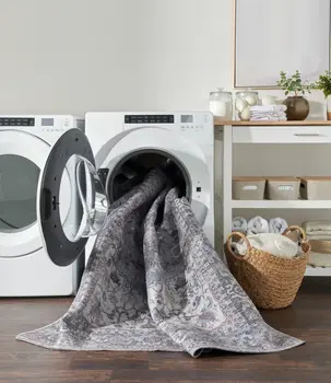8' Gray Floral Power Loom Distressed Washable Runner Rug