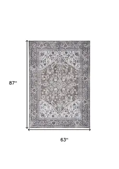 5' X 7' Gray Floral Power Loom Distressed Washable Area Rug