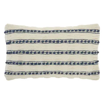 12" X 20" Ivory and Blue Striped Cotton Blend Throw Pillow With Texture