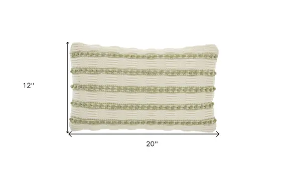 12" X 20" Sage and Ivory Striped Cotton Blend Throw Pillow With Texture