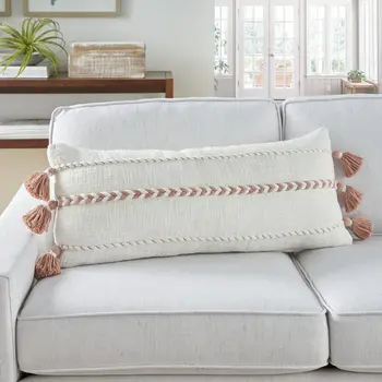 12" X 30" Pink and White Striped Cotton Lumbar Throw Pillow With Tassels