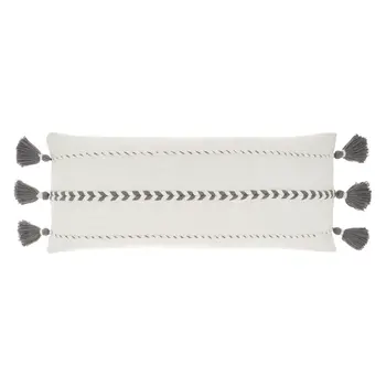 12" X 30" Gray and White Striped Cotton Lumbar Throw Pillow With Tassels