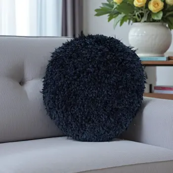 14" X 14" Navy Blue Round Shag Throw Pillow