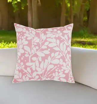 20" Pink and White Botanical And Geometric Indoor Outdoor Throw Pillow