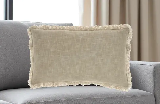 14" X 24" Taupe Cotton Lumbar Throw Pillow with Fringe