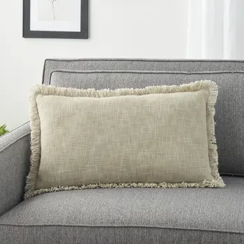 14" X 24" Taupe Cotton Lumbar Throw Pillow with Fringe