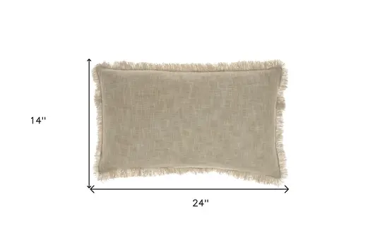 14" X 24" Taupe Cotton Lumbar Throw Pillow with Fringe