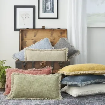 14" X 24" Taupe Cotton Lumbar Throw Pillow with Fringe