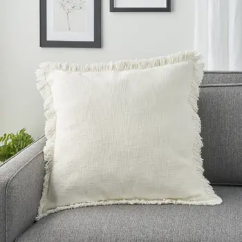 22" Ivory Cotton Throw Pillow With Fringe