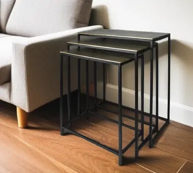 Set of Three Brass and Black Aluminum and Iron Frame Nested Tables