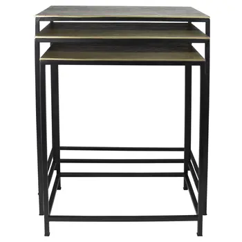 Set of Three Brass and Black Aluminum and Iron Frame Nested Tables
