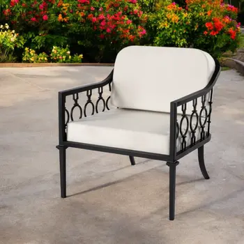 26" Black Metal Outdoor Arm Chair with Ivory Cushion