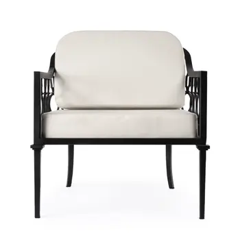 26" Black Metal Outdoor Arm Chair with Ivory Cushion