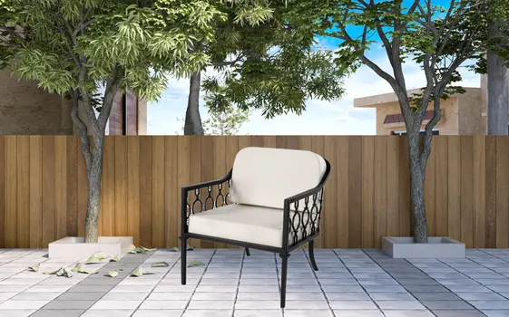 26" Black Metal Outdoor Arm Chair with Ivory Cushion
