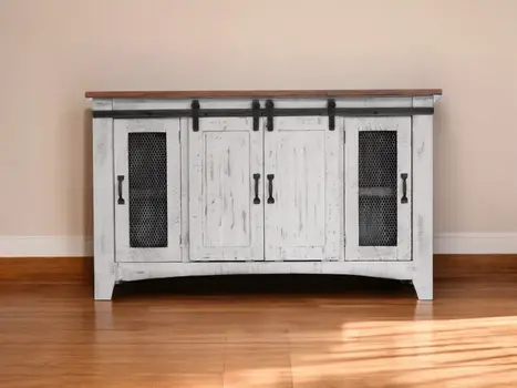 60" White Solid Wood Cabinet Enclosed Storage Distressed TV Stand