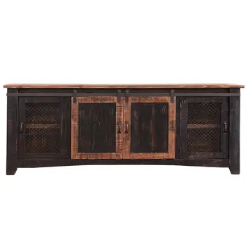 79" Black Solid Wood Cabinet Enclosed Storage Distressed TV Stand