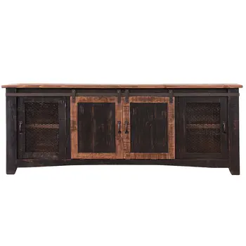 79" Black Solid Wood Cabinet Enclosed Storage Distressed TV Stand