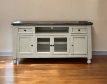 70" Ivory Solid Wood Enclosed Storage Distressed TV Stand