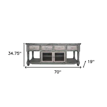 70" Blue and White Solid Wood Open shelving Distressed TV Stand
