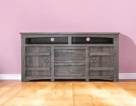 70" Gray Solid Wood Cabinet Enclosed Storage Distressed TV Stand