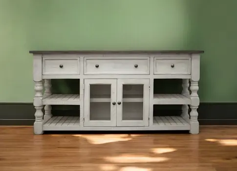 60" Ivory Solid Wood Open shelving Distressed TV Stand