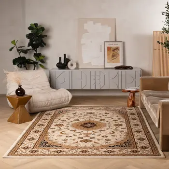 10' X 13' Beige and Black Oriental Washable Non Skid Area Rug