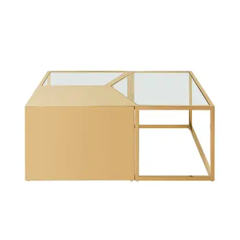 Set of Three 37" Clear And Gold Glass And Stainless Steel Square Mirrored Bunching Coffee Tables