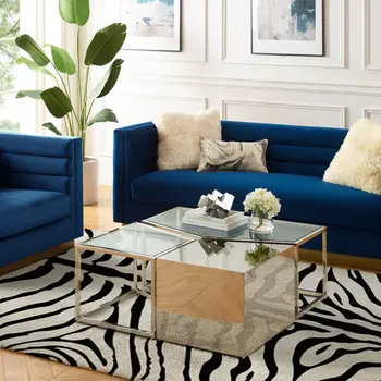 Set of Three 37" Clear And Silver Glass  Stainless Steel Square Mirrored Bunching Coffee Tables