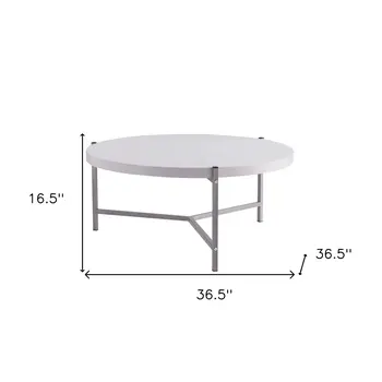 37" White And Silver Wood And Stainless Steel Round Coffee Table