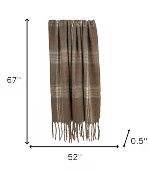 52" X 67" Brown Rust and Ivory Woven Wool Acrylic Blend Plaid Throw Blanket with Fringe