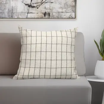 18" Gray and White Plaid Cotton Throw Pillow