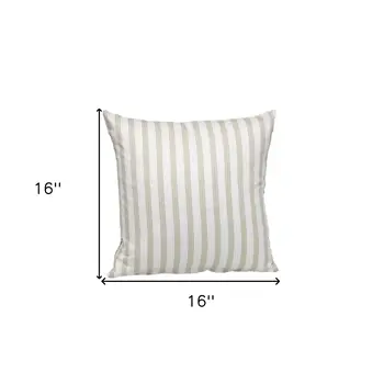 16" Taupe and White Striped Cotton Throw Pillow