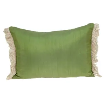 14" X 20" Beige and Green Cotton Lumbar Throw Pillow with Embroidery and Fringe