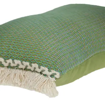 14" X 20" Beige and Green Cotton Lumbar Throw Pillow with Embroidery and Fringe