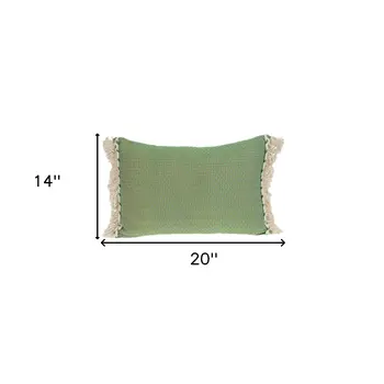 14" X 20" Beige and Green Cotton Lumbar Throw Pillow with Embroidery and Fringe