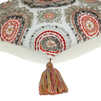 18" Red and White Floral Cotton Throw Pillow With Embroidery, Tassels