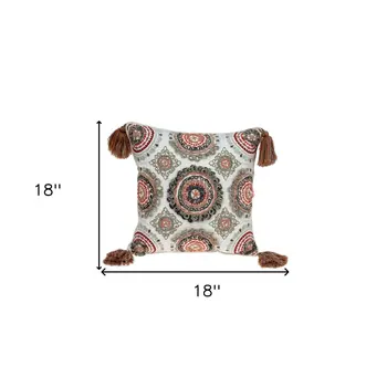 18" Red and White Floral Cotton Throw Pillow With Embroidery, Tassels
